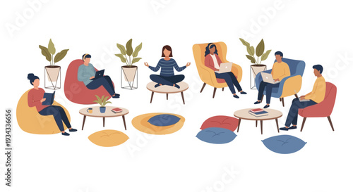 Flexible Workspace & Relaxed Collaboration Illustration: People Working, Reading & Meditating in a Modern Creative Office Environment