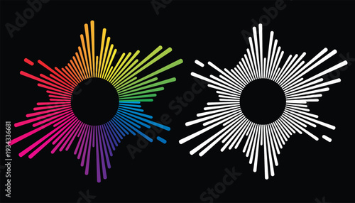 Colorful and monochrome circular sound equalizer waveform set on black background, modern radial audio spectrum visualization and music frequency design