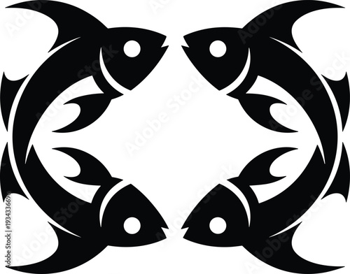 Fish, Pisces, Zodiac, Symbol, Silhouette, Marine, Ocean, Aquatic, Animal, Tribal, Abstract, Decorative, Vector, Illustration, Graphic, Design, Icon, Emblem, Black, Isolated