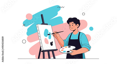 Artist Painting on Canvas with Palette, Creative Hobby and Art Studio Concept