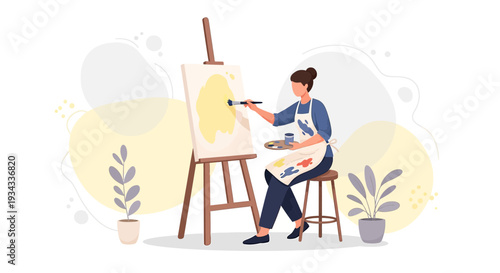Artist Painting on Easel, Creative Hobby, Studio Art Creation