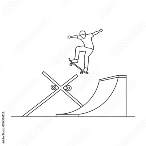 Skateboarder performing a trick on a ramp with a rail in a dynamic skatepark setting