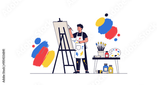 Artist Painting on Easel, Creative Studio, Abstract Brush Strokes, Colorful Art