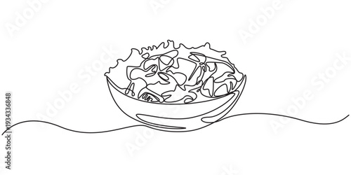 vegetables salad on bowl continuous one line drawing, Single one line drawing Fresh vegetable salad in bowl. Breakfast Concept. Continuous line draw design graphic vector illustration, one continuous.