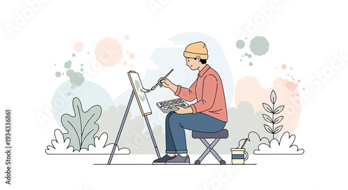 Artist Painting Outdoors in Flat Style, Creative Hobby