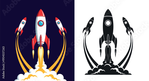Rocket Launch Vector Illustration Set