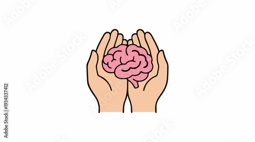 Pair of Open Hands Gently Cupping a Pink Anatomical Brain Against a White Background Symbolizing Care Protection and Health