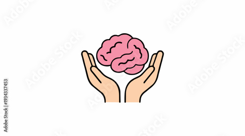 Pink Brain Resting on Open Hands Conceptual Illustration of Care and Protection for Mental Health Awareness