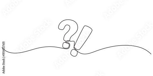 Question and exclamation marks continuous one line drawing, Continuous single line drawing of a question mark and an exclamation mark. Editable line, Question mark and Exclamation mark continuous line