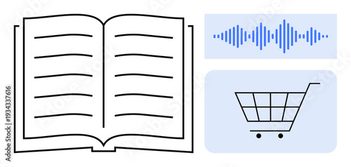 Knowledge concept. Open book, sound wave, and shopping cart showing connections between knowledge sharing, audio engagement, and e-commerce. Knowledge for digital learning platforms, content