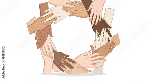 Diverse hands joining together in a supportive circle