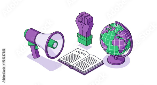 Vibrant illustration of activism and education with megaphone, raised fist, globe, and book