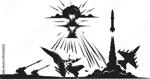 Military air combat conflict scene. Silhouettes of fighter jet crash, missile launch, aerial explosion, and anti-aircraft artillery fire.