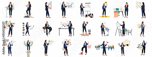 Businesswomen showcasing diverse professional roles in strategy, growth, innovation, and data analysis across various business scenarios.