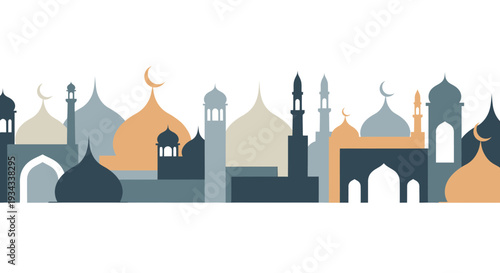 Islamic architecture patterns with domes and minarets creating a cityscape representing Muslim culture