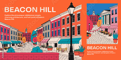 Beacon Hill Historic Streets with Cobblestone Line Art – Ultra‑Wide Flat Vector Panoramic Illustration | USA US U.S. United States Boston Banner, Card & Flyer Design

