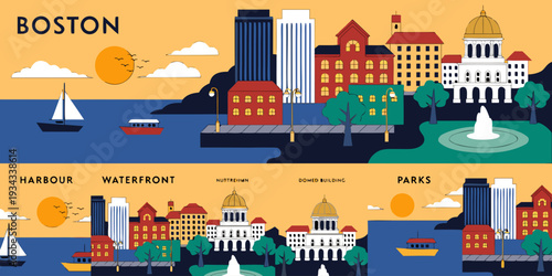 Boston City Aerial View at Dusk – Ultra‑Wide Flat Vector Panoramic Illustration | USA US U.S. United States Skyline Banner, Card & Flyer Design
