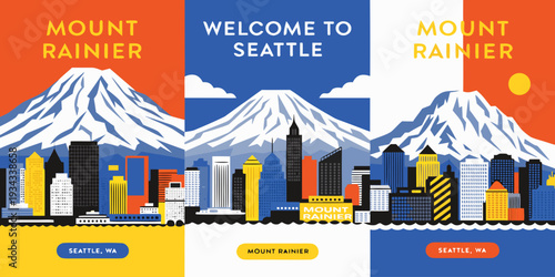 Mount Rainier Backdrop with Seattle Skyline Foreground – Ultra‑Wide Flat Vector Panoramic Illustration | USA US U.S. United States Banner, Card & Flyer Design
