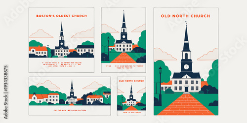 Old North Church Panoramic View – Minimalist Flat Vector Historic Illustration | USA US U.S. United States Boston Ultra‑Wide Banner, Card & Flyer Design
