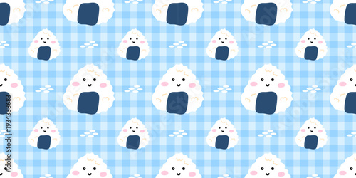 Sushi cute japanese and kawaii pattern food with seamless vector anime. Emoji baby manga background with print design fish. Funny sushi shrimp and texture kawaii wasabi.