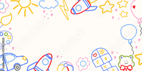 Cute crayon square frame of kindergarten drawing, frog, car, rocket, cloud, sun illustration. Designed for kindergarten templates, kids birthday banners, cheerful preschool graphics