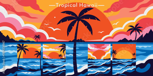 Tropical Hawaii Beach Sunset with Palm Silhouette – Ultra‑Wide Flat Vector Panorama | USA US U.S. United States Island Illustration Banner, Card & Flyer Design
