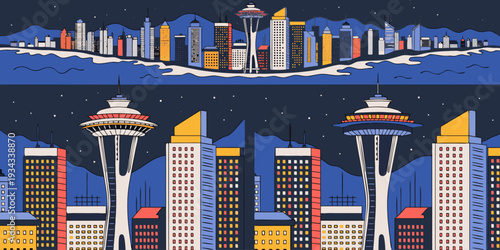 Space Needle at Night with City Lights – Ultra‑Wide Flat Vector Skyline Panorama | USA US U.S. United States Seattle Illustration Banner, Card & Flyer Design
