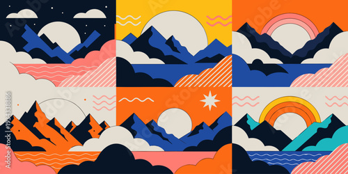 Mountain Sunset Panorama – Ultra‑Wide Flat Vector Landscape Illustration | USA US U.S. United States Scenic Banner, Card & Flyer Design
