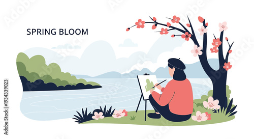 Artist Painting Spring Blossom Landscape by Lake - Creative Inspiration