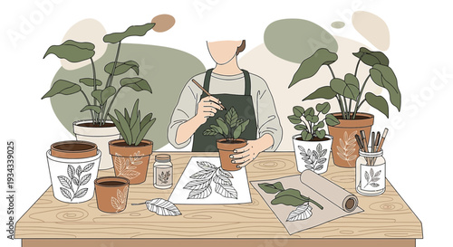 Artist painting potted plants and leaves, botanical illustration, creative hobby