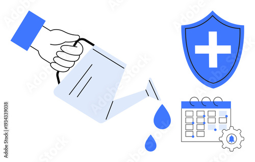 Health management, self-care habits, wellness maintenance, preventive healthcare, goal planning, productivity enhancement. Hand holding a watering can, calendar and healthcare shield. Health