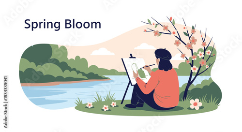 Artist painting spring landscape, blooming tree by river, flat illustration style