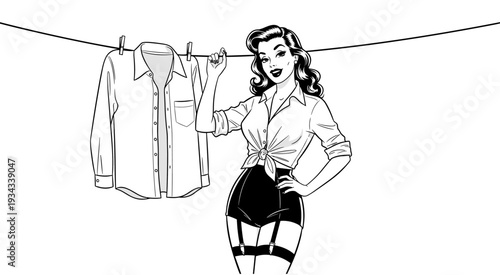 Vintage pinup girl hanging laundry vector illustration, retro woman with clothesline, classic 1950s style housewife, rockabilly fashion, domestic lifestyle, elegant silhouette.