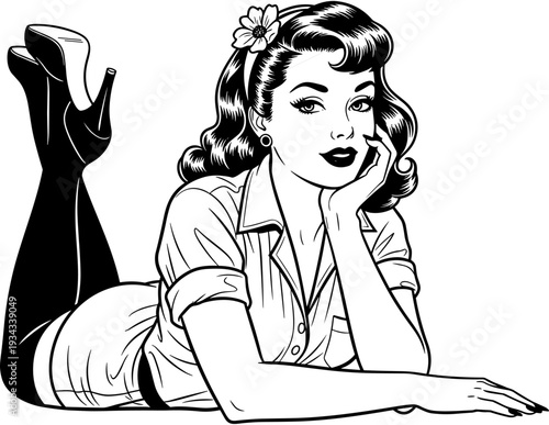 Beautiful vintage pinup girl vector illustration, retro woman lying down, classic 1950s style, rockabilly fashion, elegant female silhouette, comic art.