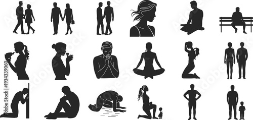 Collection of black and white human silhouettes showing diverse people in various emotional poses like sitting standing walking meditating and grieving for digital design.