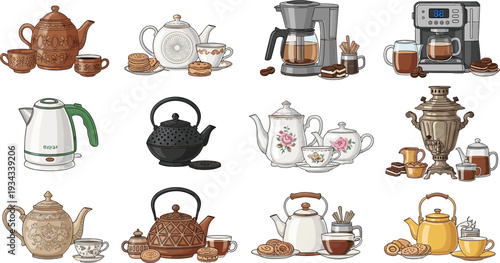 Tea and Coffee Brewing Set with Teapots, Samovar, Electric Kettle, Coffee Machine and Cup Service Vector Illustration Collection