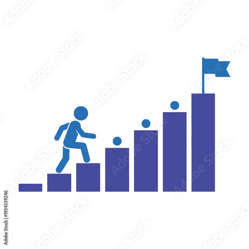 Dynamic figure climbs vibrant blue ascending staircase symbolizing progress and achievement in a flat design setting with a triumphant flag atop the final step