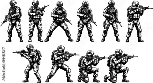 Set, of, military, soldiers, in, various, tactical, poses, with, rifles, and, combat, gear, vector, illustration, for, army, warfare, and, security,