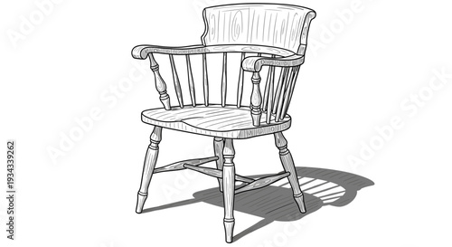 Vintage wooden armchair with spindle back and armrests, hand drawn sketch style vector illustration, classic furniture design, isolated on white background,