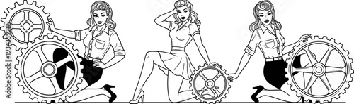 Vintage pinup style vector illustration set of three beautiful women posing with industrial gears, retro mechanical worker concept line art,