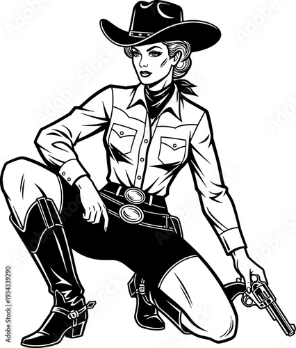 Beautiful cowgirl woman kneeling with cowboy hat, western boots, holding revolver handgun, vintage line art vector illustration, wild west outlaw sheriff,
