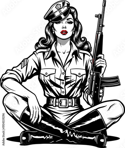 Military, woman, soldier, pinup, girl, holding, rifle, sitting, cross-legged, army, uniform, hat, boots, vintage, style, vector, illustration, strong, female, warrior.