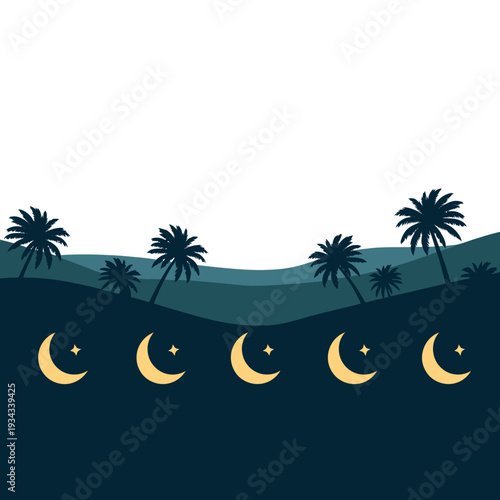 Ramadan Kareem greeting card featuring crescent moons and palm trees against a dark blue layered landscape with a white sky above