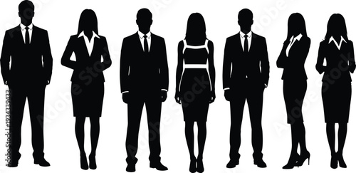Business Men and Women Silhouettes in Formal Office Attire Standing Isolated on White Background, Corporate Team Concept Illustration