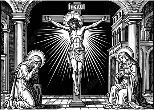 Crucifixion of Jesus Christ black and white woodcut illustration, Virgin Mary and saint mourning, holy cross, religious scene, divine salvation, gospel.