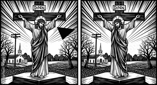 Crucifixion of Jesus Christ black and white woodcut illustration, religious Christian faith scene, holy cross, church landscape, spiritual divine salvation, gospel.