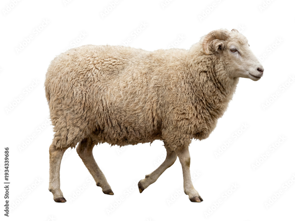 Fototapeta premium Sheep walking, side view, isolated on transparent background (PNG)