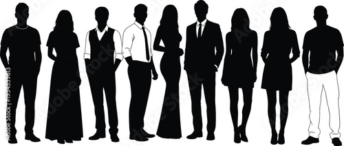 Business People Silhouette Collection with Men and Women Standing in Formal Wear, Black Vector Illustration Isolated on White Background
