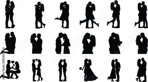 Collection of romantic couple silhouettes kissing, hugging and proposing, love and wedding themed black vector set isolated on white background