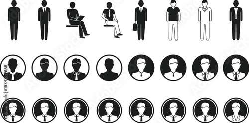 Business People Silhouettes and Male User Profile Icons Collection Isolated on White Background, Corporate Avatars Set for Web and App Design